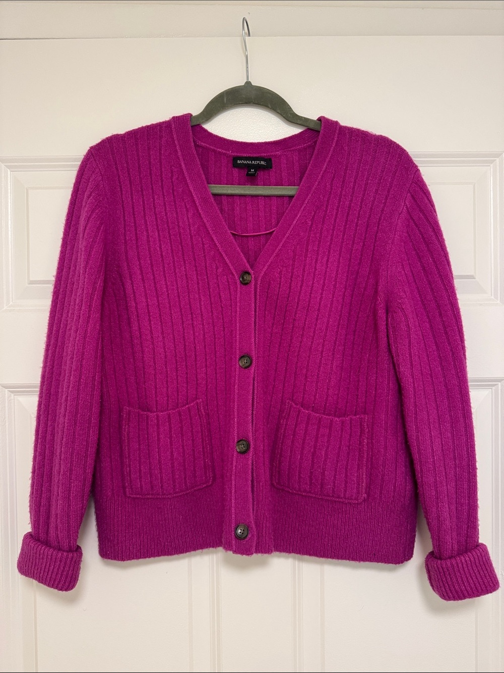 Banana Republic Women's Bright Magenta Ribbed V-Neck Cardigan